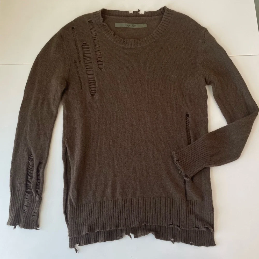 Enza Costa Cashmere Wool distressed women’s sweater small brown loose knit torn - Picture 4 of 10